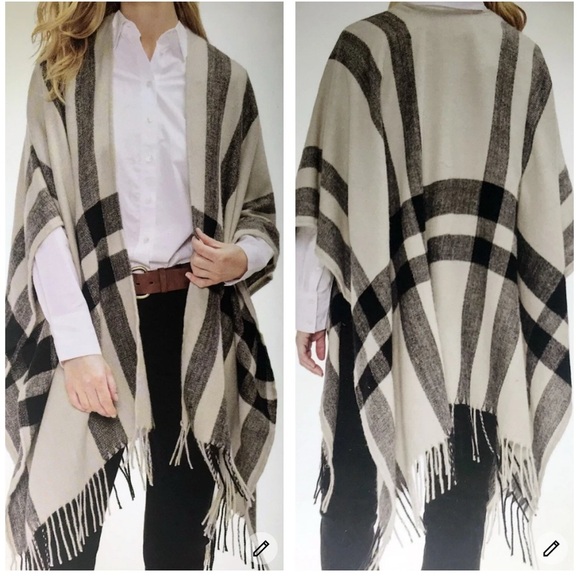 Banana Republic Erin Plaid Poncho Wrap OS Tan Black Cashmere Wool Fringe - Picture 1 of 6
